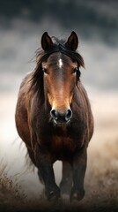 Wild horse galloping across an open field at dawn, showcasing strength and beauty of nature