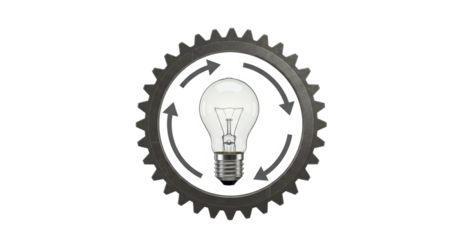 Isolated Light Bulb Inside Gear with Arrows Rotating Representing Continuous Improvement