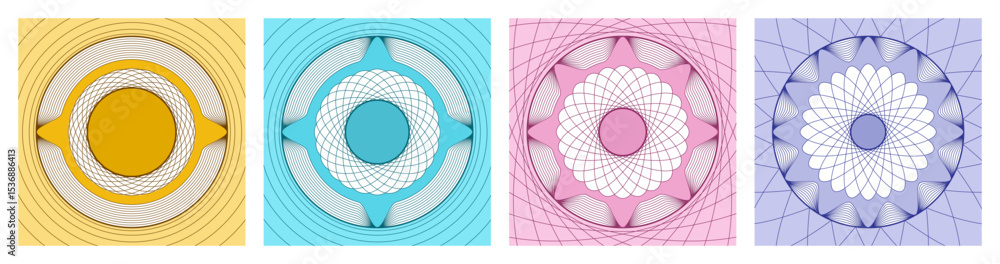 Wall mural collection of abstract fractal circles background, colorful sphere lines wireframe pattern, editable