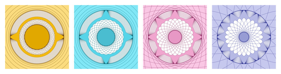 Collection of abstract fractal circles background, colorful sphere lines wireframe pattern, editable stroke, set of vector circle geometric shapes, concept of science, quantum technology, AI