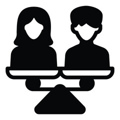 Man and woman on scales solid icon, family lawyer concept. Vector graphics. Married couple problem, human rights sign on white background, style mobile or design.