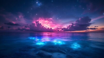 Bioluminescent plankton bloom illuminates the Indian Ocean at dusk, creating a vibrant and magical display of blue and purple hues