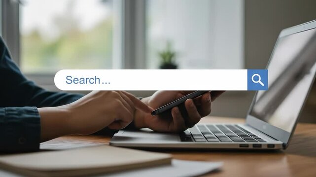 Online Search Concept: Man Using Phone & Laptop, Internet Research, Digital Technology, Business & Education