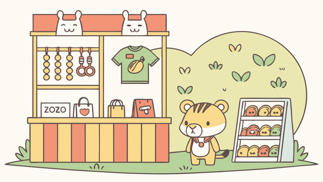 Cartoon Tiger at a Shop Selling Cute Items.