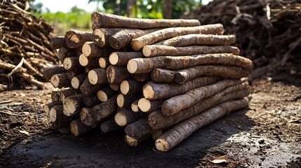 Pile of trunks of sugarcane in the field.