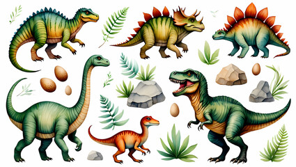 Naklejka premium Watercolor dinosaurs isolated on white background, prehistoric creatures