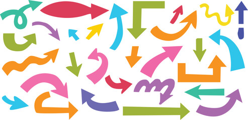 Colorful arrow vector doodle set featuring bold, playful, curved, and abstract arrows. Perfect for infographics, presentations, web design, social media graphics, marketing, icons, UI elements