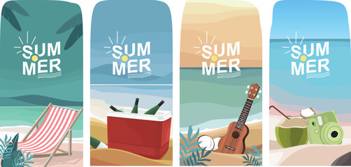 Summer beach vacation story set with deck chair, cooler, ukulele, and coconut
