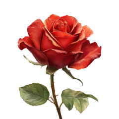 Single Red Rose with Green Leaves and Stem Isolated on White Background