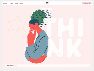 Thinking people, modern flat vector concept illustration- woman standing thoughtfully, looking down, bubble near head Metaphor for reflection, analysis, introspection, contemplation, deep thought