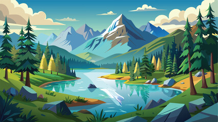 Vibrant summer mountain landscape with green forests, a serene lake, and majestic peaks under a cloudy sky © Nayeem Sheikh