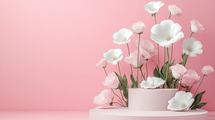 Obraz premium pink podium with flowers and pastel pink wall.