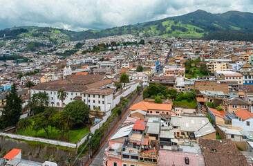 Aerial View of the Old Town of Quito in Ecuador. Historic District.