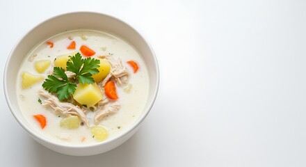 Creamy Chicken and Potato Soup in a White Bowl on a White Surface