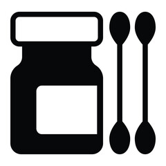 Two ear cotton swabs and jar solid icon, pharmacy concept. Vector graphics. Jar of medicine and swab stick pair sign on white background, style mobile or design.