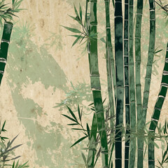 Bamboo stalks with green leaves against a textured background  