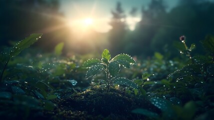 Fototapeta premium Morning dew glistens on a spider web, creating a sparkling display in the early sunlight over a tranquil landscape