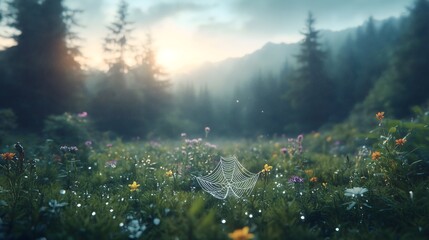 Morning dew glistens on a spider web in a vibrant meadow surrounded by trees at sunrise