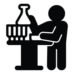 Scientist man with glass beaker on table solid icon, pharmacy concept. Vector graphics. Laboratory worker with flasks sign on white background, style mobile or design.