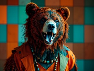 Abstract Bear Design, Orange Teal Angles, Happy Expression