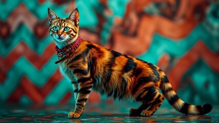 Geometric Cat Pose - Bold Zigzag Colors