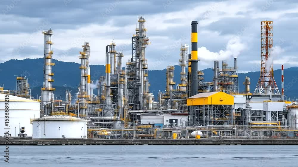Poster vast industrial refinery with miles of interconnected pipes, towering structures and massive storage