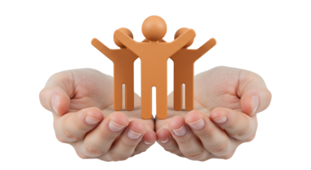 Isolated Supportive Hands Holding Miniature Figures Symbolizing Community