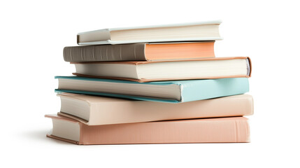 Fototapeta premium Stacked books in various colors and sizes displayed on a white background showcasing literary diversity and potential for learning
