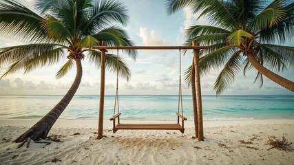 Peaceful Beach Swing Under Palm Trees at Sunset