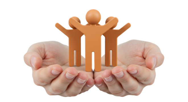 Isolated Supportive Hands Holding Miniature Figures Symbolizing Community