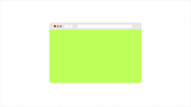 A browser window template with green screen for your image, webpage. Web page animation mockup with toolbar, search bar. Alpha channel, transparent background.