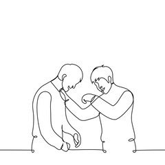 men laughing together, one put his hand on the other's shoulder- one line art vector. concept laughing together, same sense of humor, wit and jokes