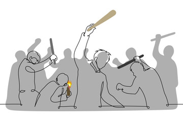 men are rioting, a bunch of aggressive men with clubs, sticks and molotov cocktails are smashing and destroying everything in their path - one line art vector. concept protest, vandalism, banditry
