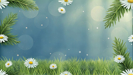 Bright daisies and chamomiles among grass against a sky evoke the beauty of spring and summer meadows