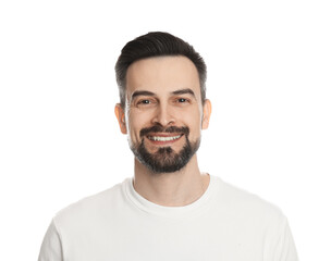 Smiling man before shaving on white background