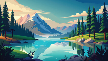 Summer mountain landscape with a serene lake reflecting the sky and surrounding peaks, inviting travel and capturing nature's majestic beauty © Nayeem Sheikh