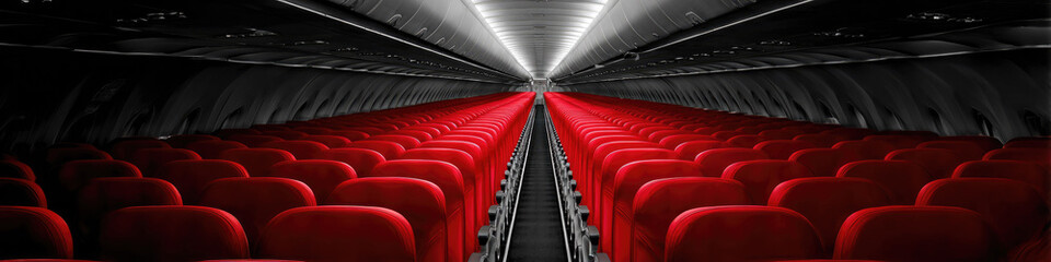 Fototapeta premium Creative Abstract Commercial Background: Red Airplane Seats Symbolizing Travel, Business Trips, and Tourism. Modern Design Element for Posters, Banners, Book Illustrations, and Corporate Presentations