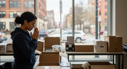 Hispanic female adult praying in urban office with shipping boxes