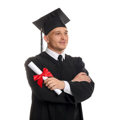 Student with diploma after graduation on white background