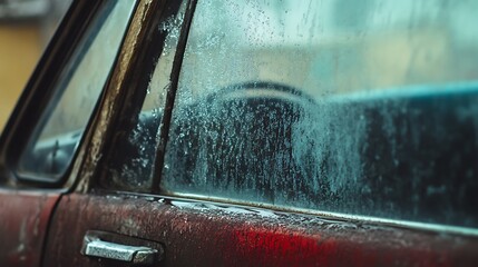 Raindrops on the window of a car. Rainy weather.