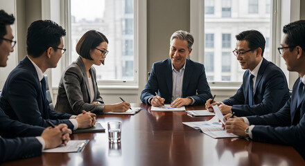 Executive signing agreement during board meeting