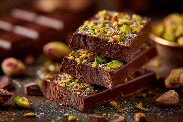 Rich chocolate bars, artfully stacked and sprinkled with crushed pistachios and a hint of sea salt, sit on a rustic wooden table surrounded by chocolate pieces