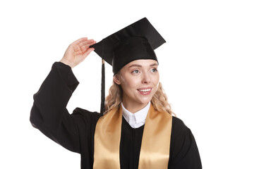 Happy student after graduation on white background