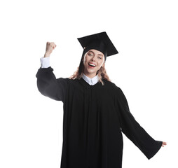 Happy student after graduation on white background