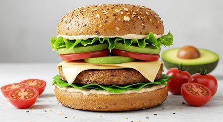 Delicious and Fresh Gourmet Burger with Avocado and Tomatoes