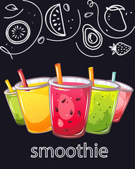 Fruit smoothies. Background with summer, refreshing drinks. Vector illustration.