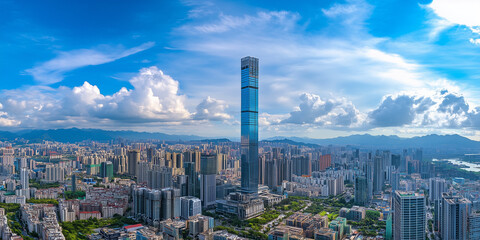 Obraz premium Modern City Skyline with Skyscrapers under Blue Sky and White Clouds