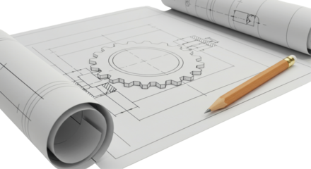 Isolated Detailed Technical Blueprint Drawing of Gear with Pencil