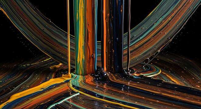 Abstract art of dripping colorful paint against a black background with flowing layers