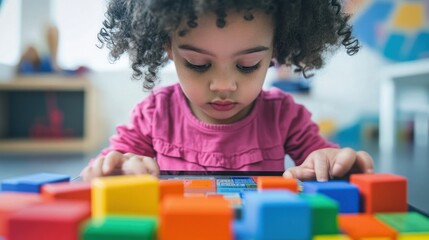Child playing with blocks and tablet